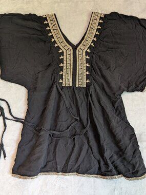 Janette Boho Peasant Festival Top Women's Size L Black with Embroidered Trim